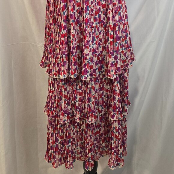 Lucy Paris Dress Floral Pleated Size Medium Red Purple Ruffles Adjustable Straps - Picture 3 of 10